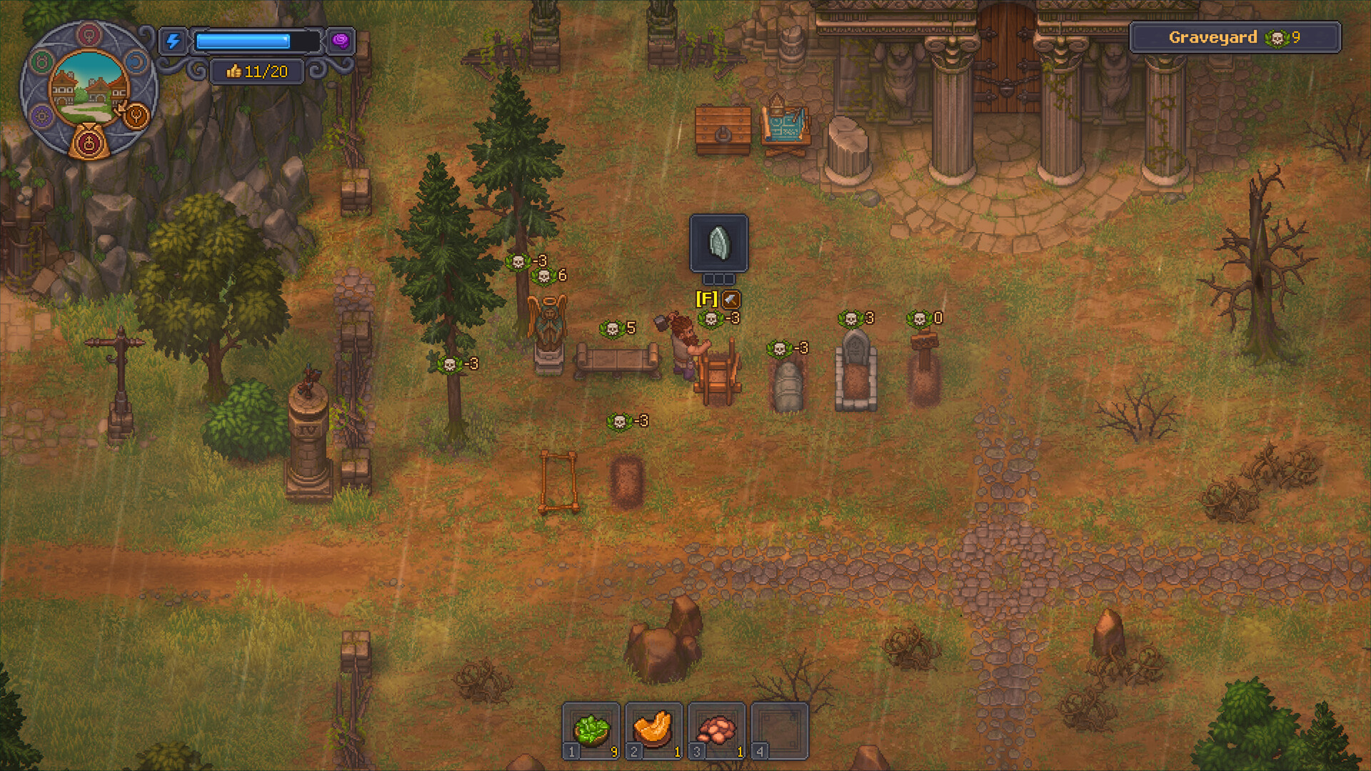 Grave rows in front of the church pillars in Graveyard Keeper 2